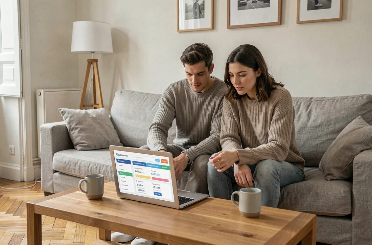 Couple recherchant le prix d'une assurance MRH sur un ordinateur portable dans un appartement parisien