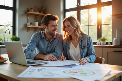 Couple souriant avec plans et outils de renovation maison