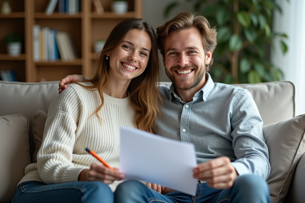 Jeune couple signant un contrat financier à la maison