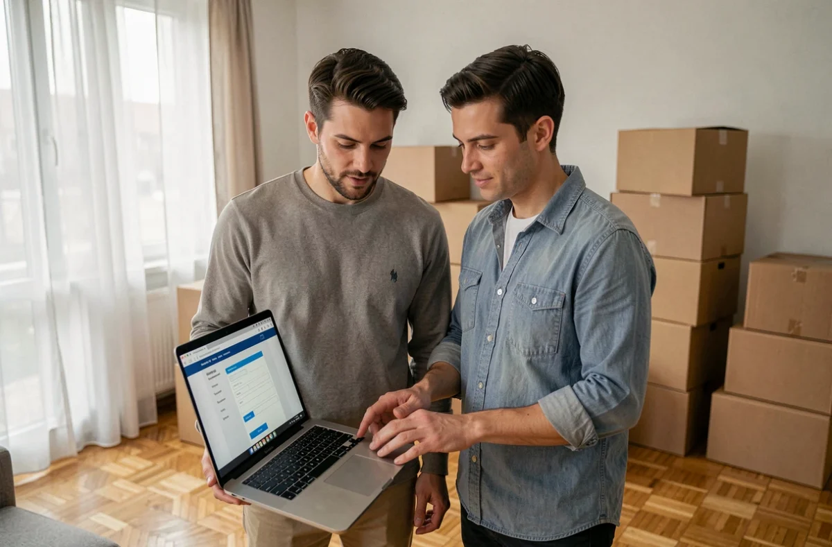 Couple souscrivant une assurance habitation en ligne lors d'un emménagement
