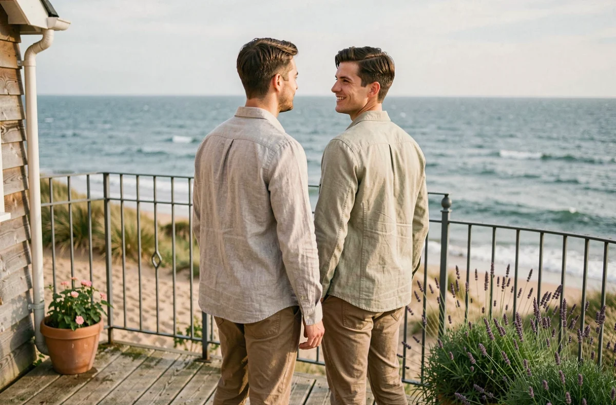 Couple sur la terrasse d'une petite maison normande avec vue sur la mer