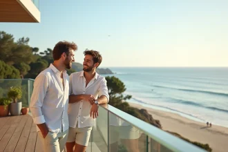 Jeune couple sur terrasse en bord de mer en été