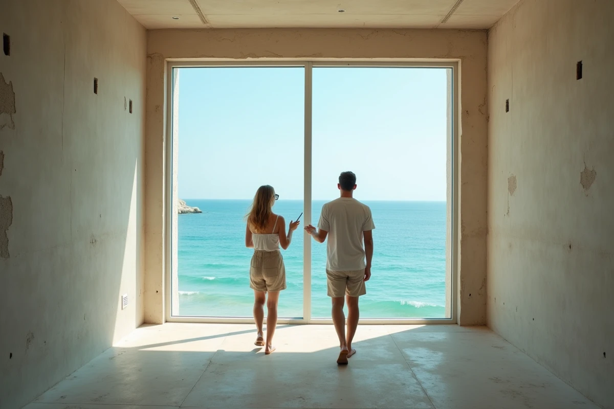 Couple visitant un appartement vide avec vue sur la mer lors d'une vente immobilière urgente