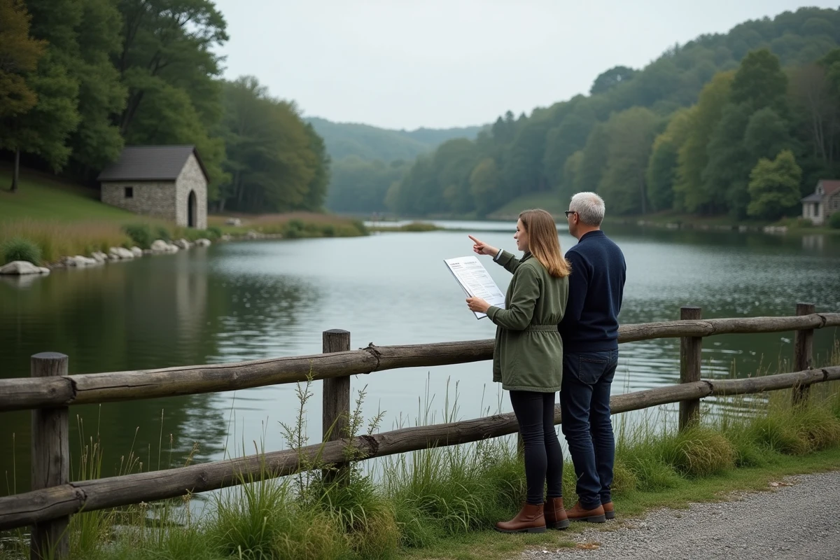 Couple de particuliers visitant un étang à vendre avec des documents immobiliers en main