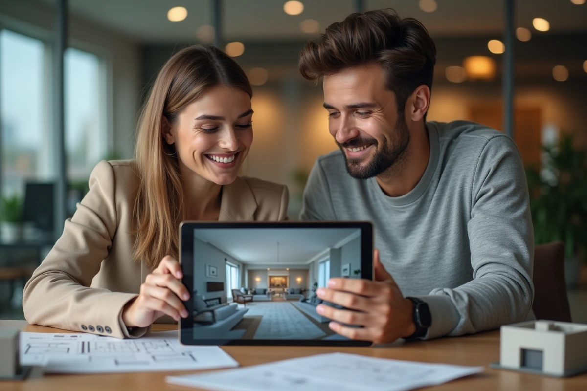 Couple découvrant une visite virtuelle 360 d'un programme neuf sur tablette dans une agence immobilière