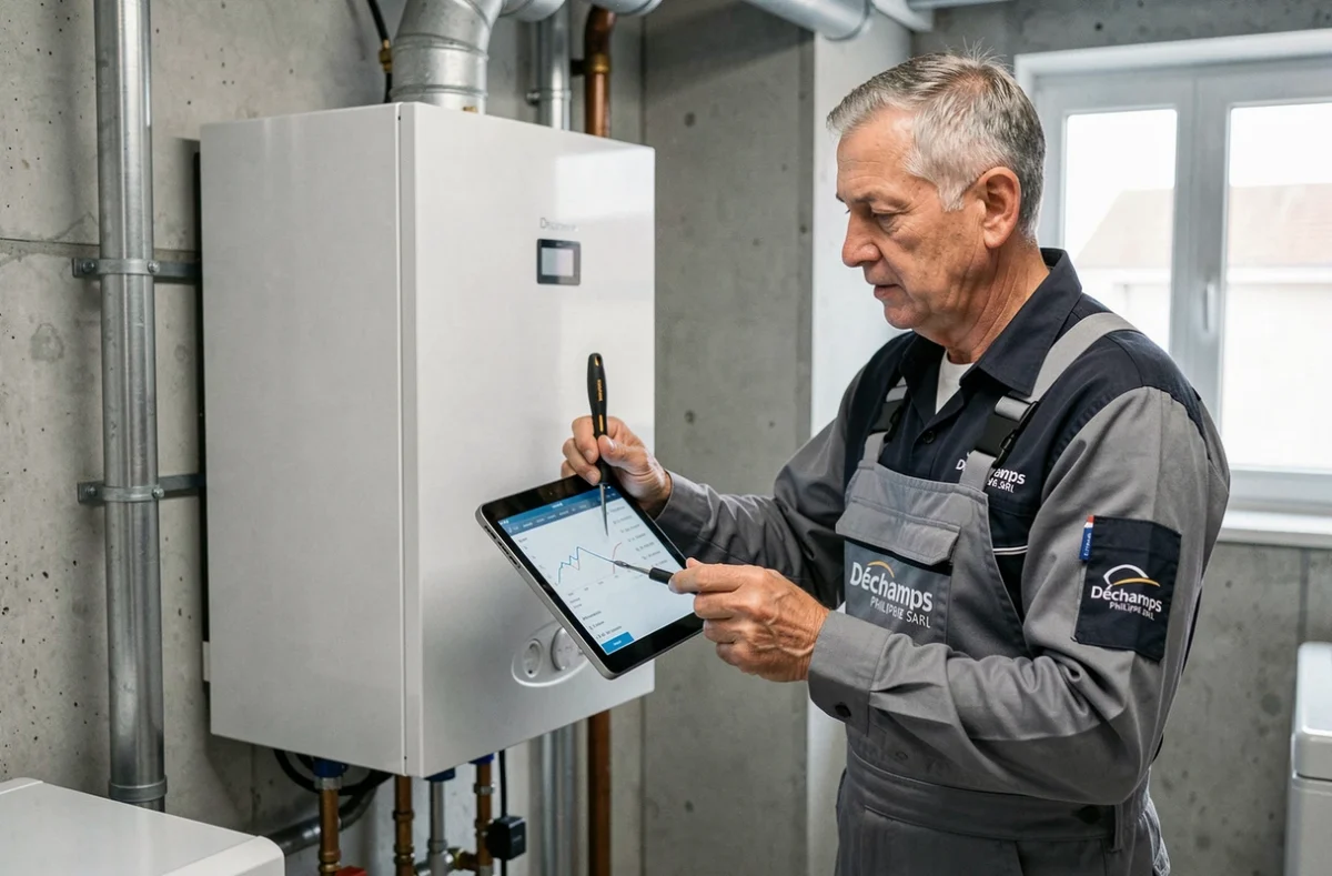 Technicien Déchamps Philippe Sarl effectuant la maintenance d'une chaudière à condensation