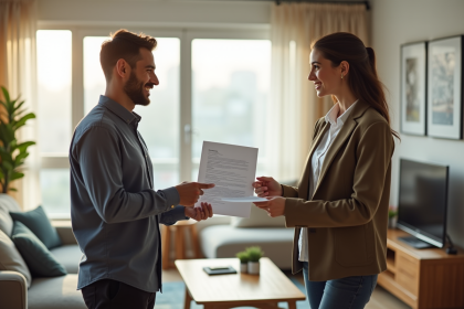 Jeune locataire remettant un dossier au propriétaire dans un appartement lumineux
