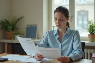 Femme consultant des documents de demande de logement social dans un bureau administratif