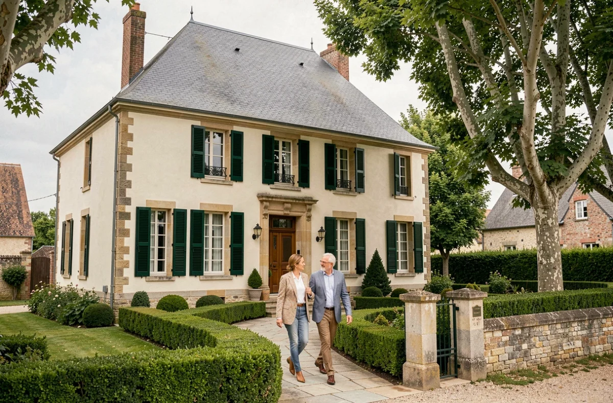 Demeures Caladoises Eure-et-Loir : couple devant une demeure de prestige à toiture en ardoise et volets verts dans un village d'Eure-et-Loir
