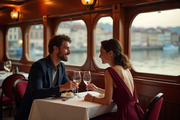 Couple en dîner romantique à bord d'une péniche restaurant à Lyon au bord de la Saône