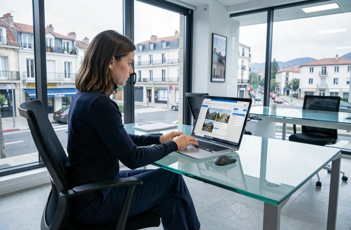 Conseillère de DL Immobilier travaillant sur un logiciel de gestion locative dans un bureau moderne à Pau