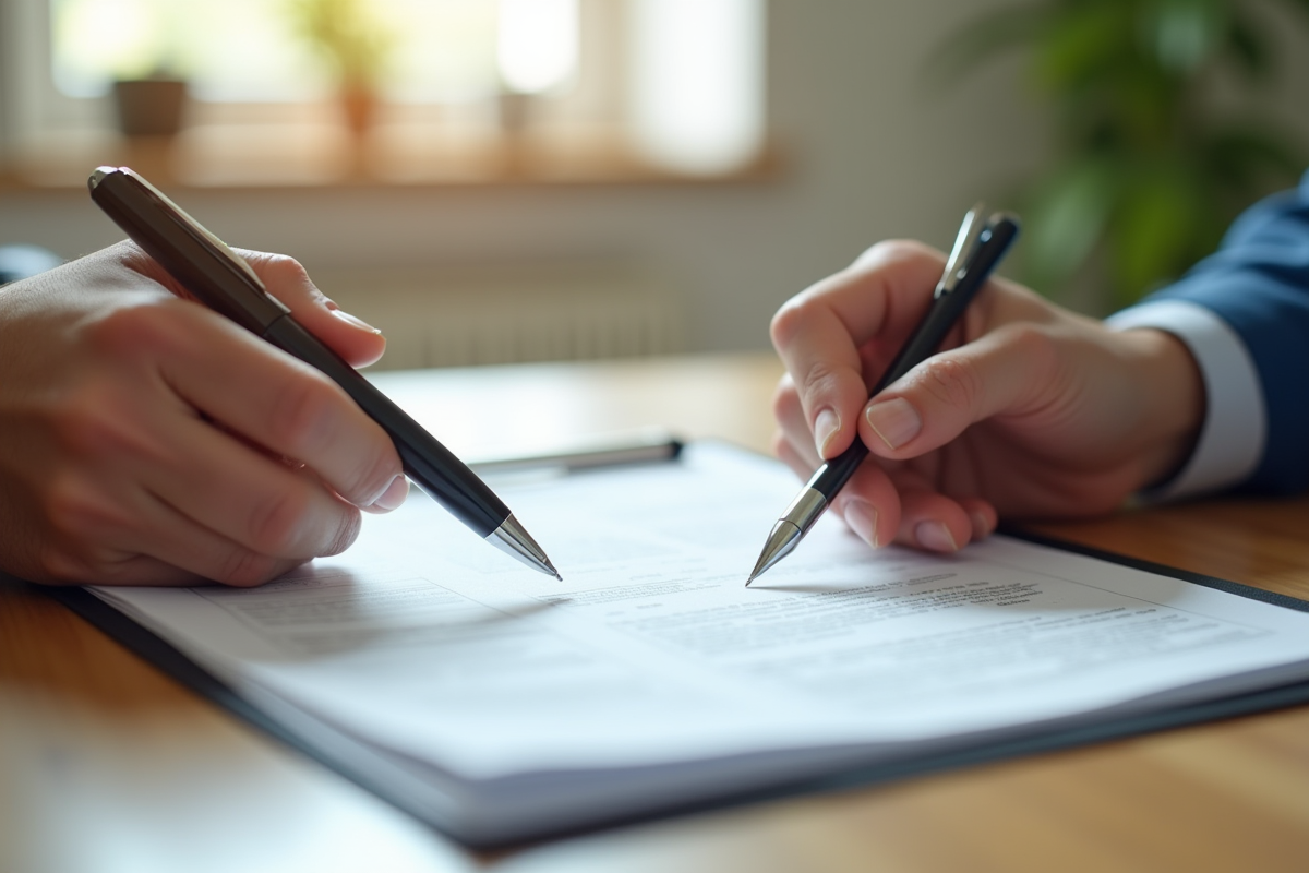 Mains tenant des documents immobiliers sur une table en bois