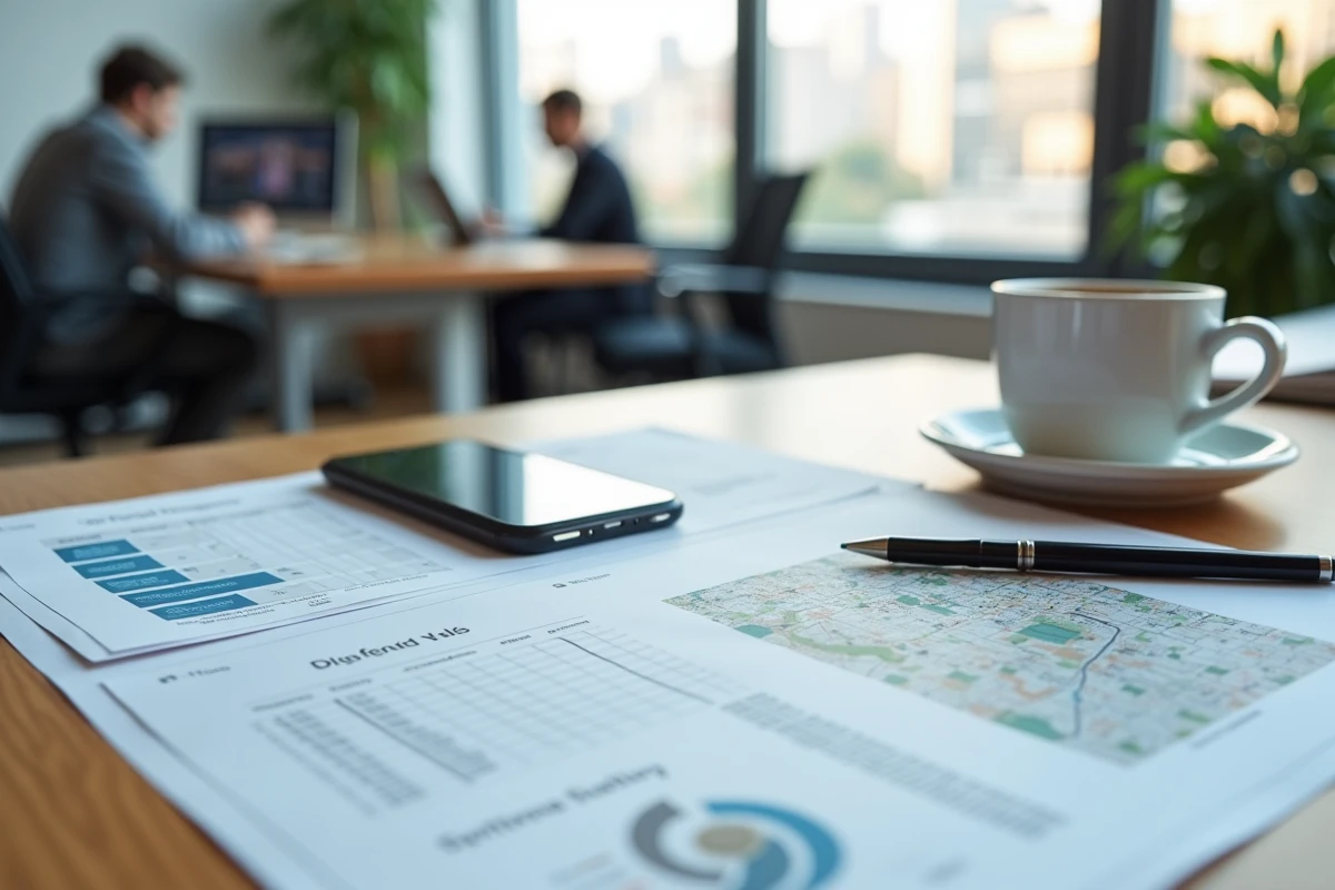 Documents d'investissement locatif et analyse de rendement immobilier sur un bureau en vue aérienne