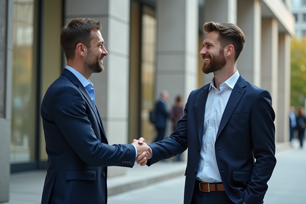 Deux hommes se serrent la main devant un bâtiment