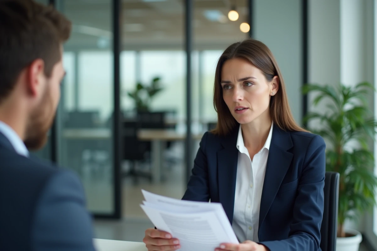 Femme en CDD présentant ses documents à un conseiller bancaire pour un emprunt immobilier de 200 000 euros