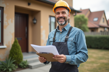 Entrepreneur en chantier devant maison de banlieue