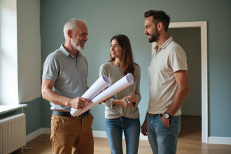 Entrepreneur en rénovation discutant avec un couple dans une maison rénovée