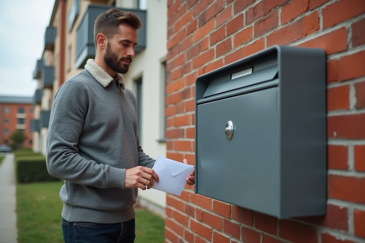 Homme déposant une lettre de préavis dans une boîte aux lettres d'un immeuble de logement social