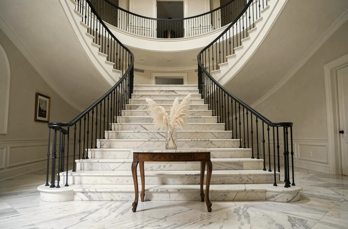 Escalier en marbre de Carrare d'un manoir d'exception photographié de façon partielle, révélant les détails architecturaux rarement montrés dans les annonces immobilières de prestige