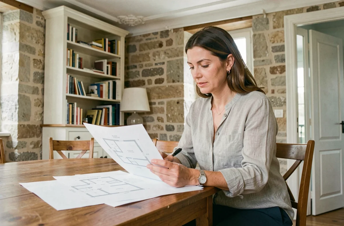 Femme examinant un document de vente immobilière et un plan de surface privative en copropriété, référence à la loi Carrez