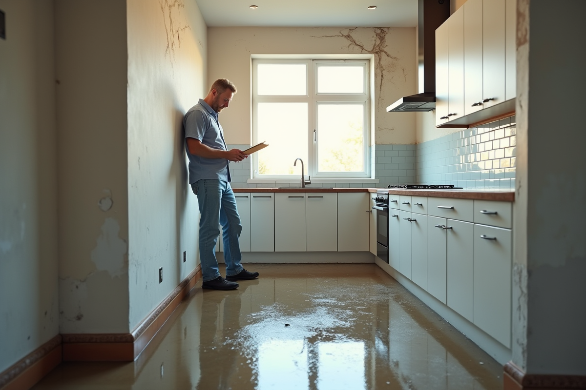 Expert en assurance inspectant une cuisine humide