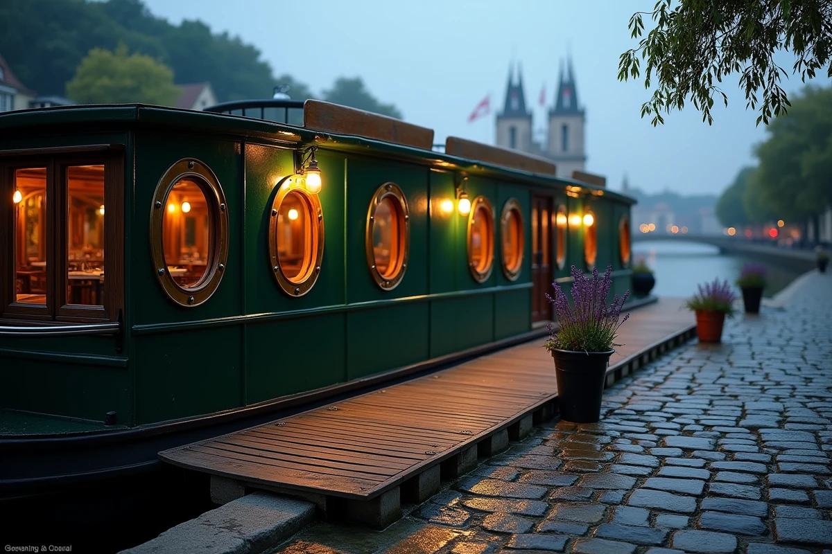 Extérieur d'une péniche restaurant amarrée sur les quais de Lyon au crépuscule