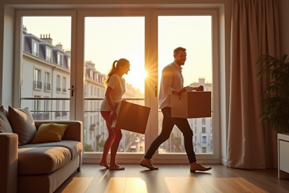 Famille heureuse emmenageant dans un appartement moderne à Paris
