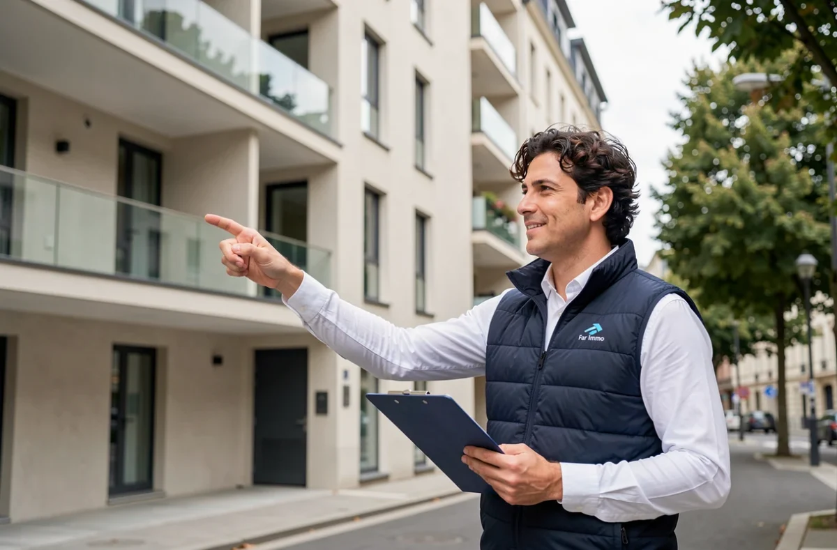 Agent Far Immo en visite devant un immeuble résidentiel moderne lors d'une estimation locative