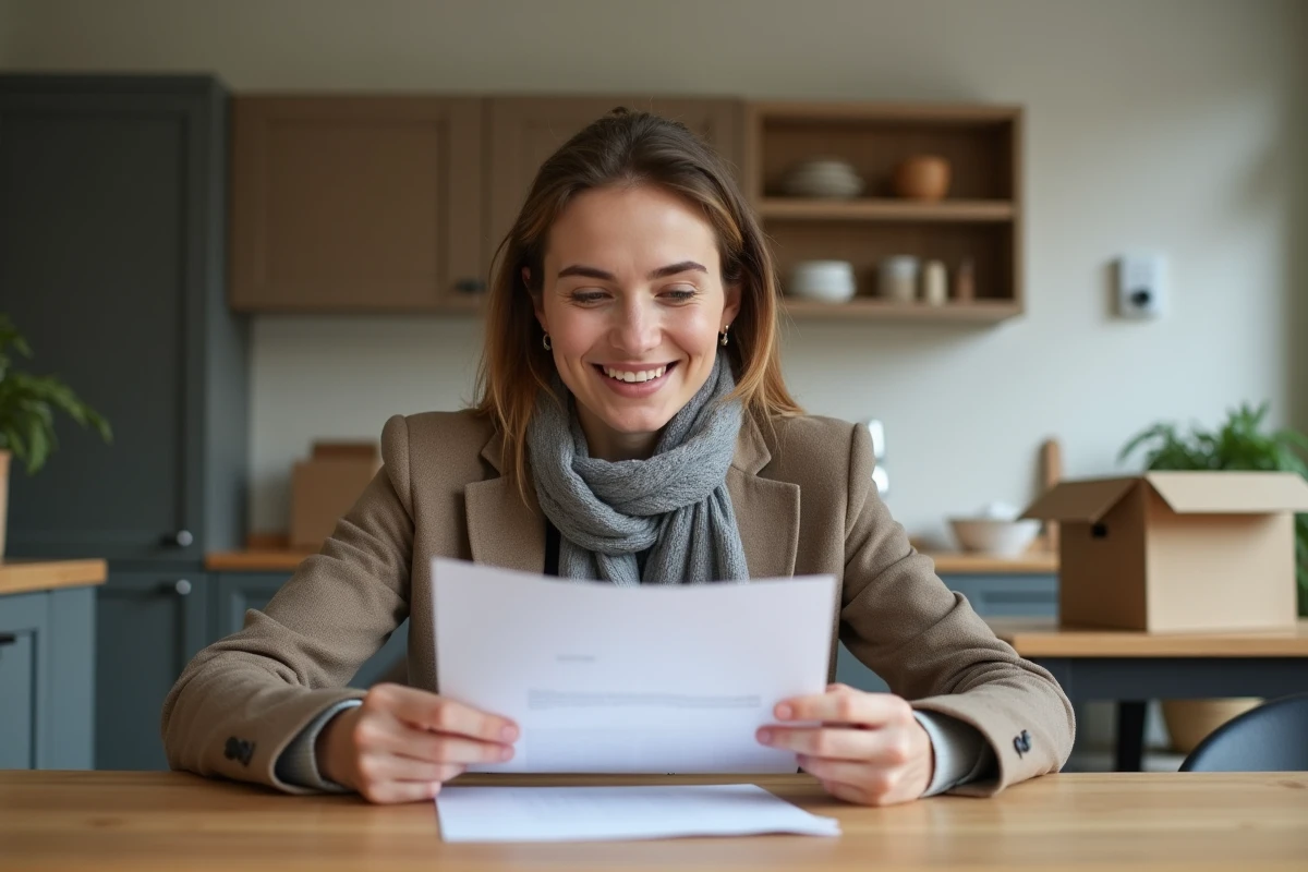 Femme regardant documents dans cuisine après achat immobilier