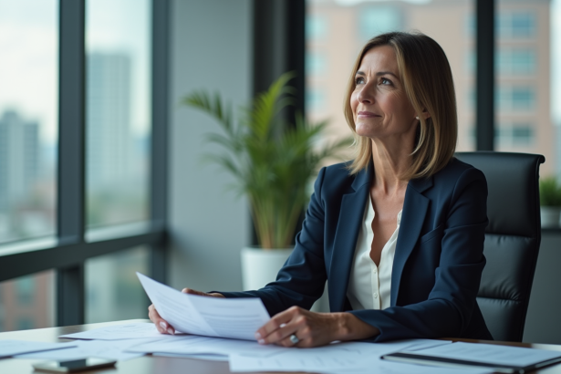 Femme d'affaires en bureau avec documents financiers