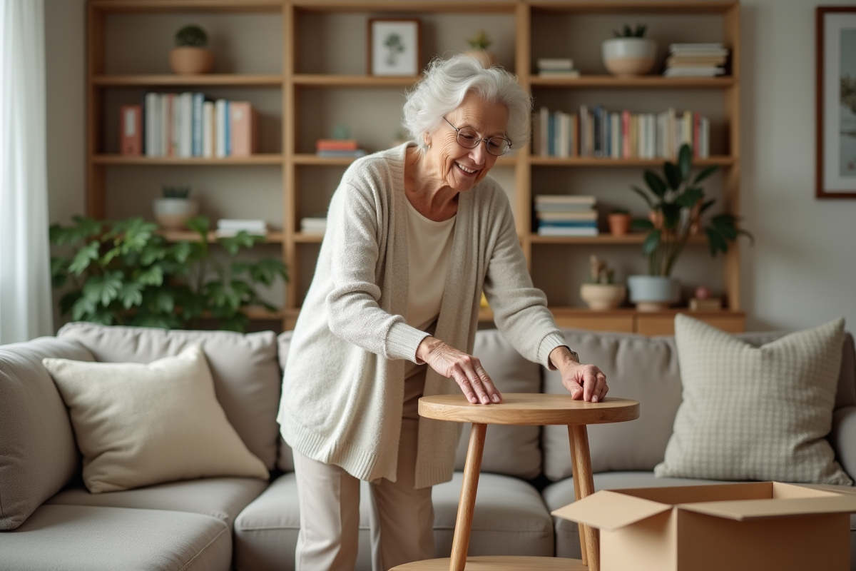 Femme âgée arrangeant une petite table dans un salon accueillant