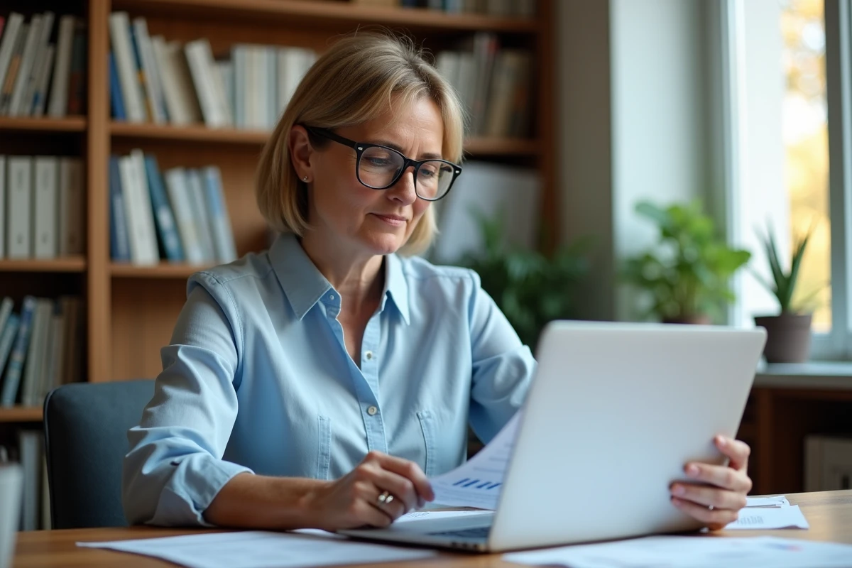 Femme analysant les conditions de taux immobiliers CASDEN depuis son bureau à domicile