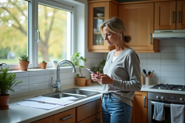 Femme au téléphone dans une cuisine moderne et lumineuse