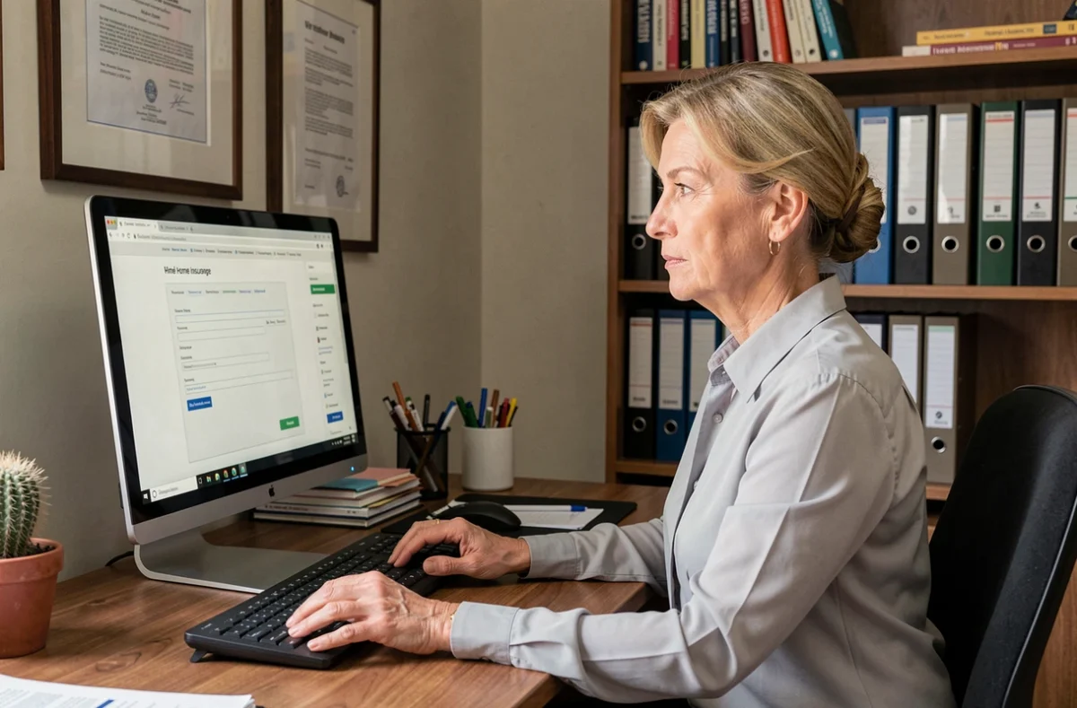 Femme mature complétant un contrat d'assurance habitation en ligne depuis son bureau à domicile