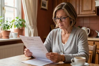 Femme comparant des contrats d'assurance habitation à Tarbes dans sa cuisine