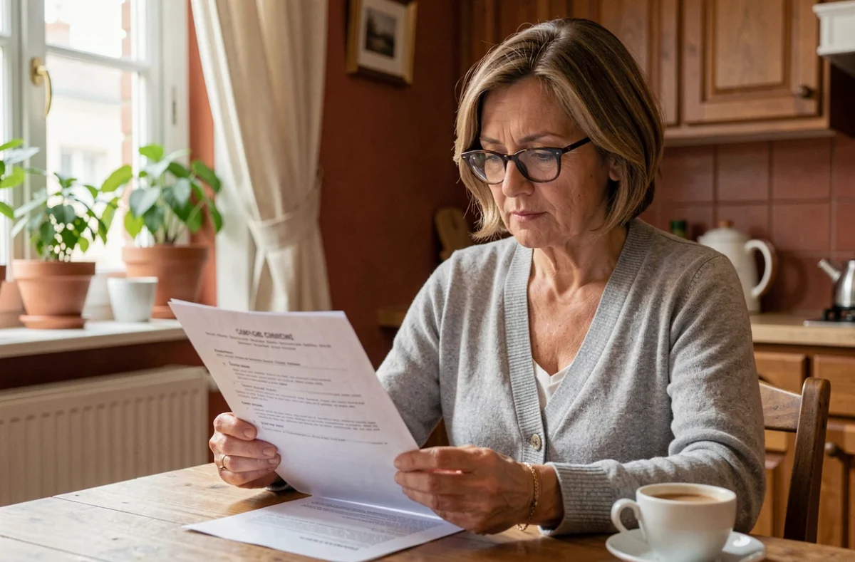 Femme comparant des contrats d'assurance habitation à Tarbes dans sa cuisine