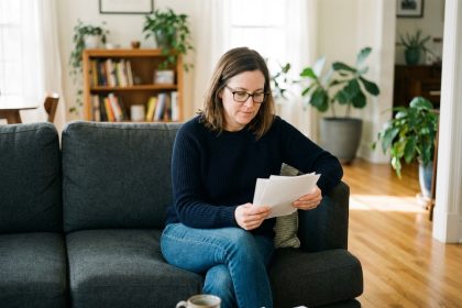 Femme d'âge moyen examinant des documents d'assurance dans un salon