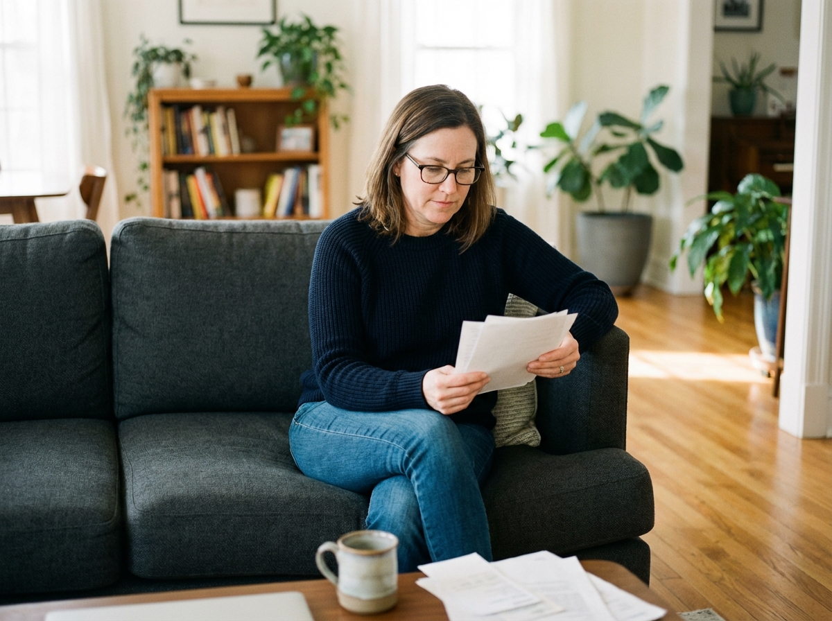 Femme d'âge moyen examinant des documents d'assurance dans un salon