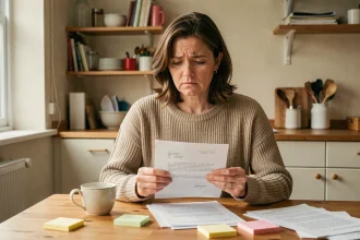 Femme stressée lisant une lettre de commission d'attribution de logement social à son domicile