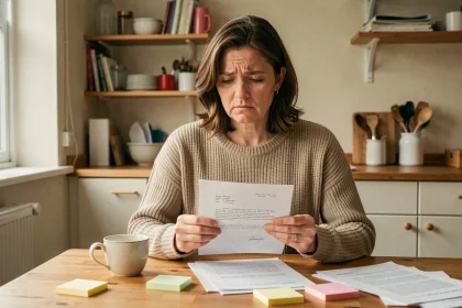 Femme stressée lisant une lettre de commission d'attribution de logement social à son domicile