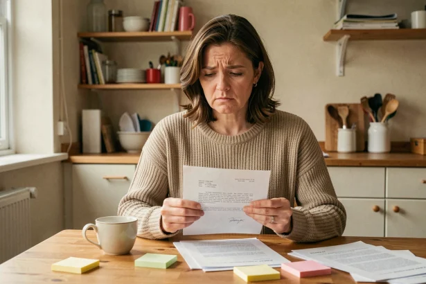Femme stressée lisant une lettre de commission d'attribution de logement social à son domicile