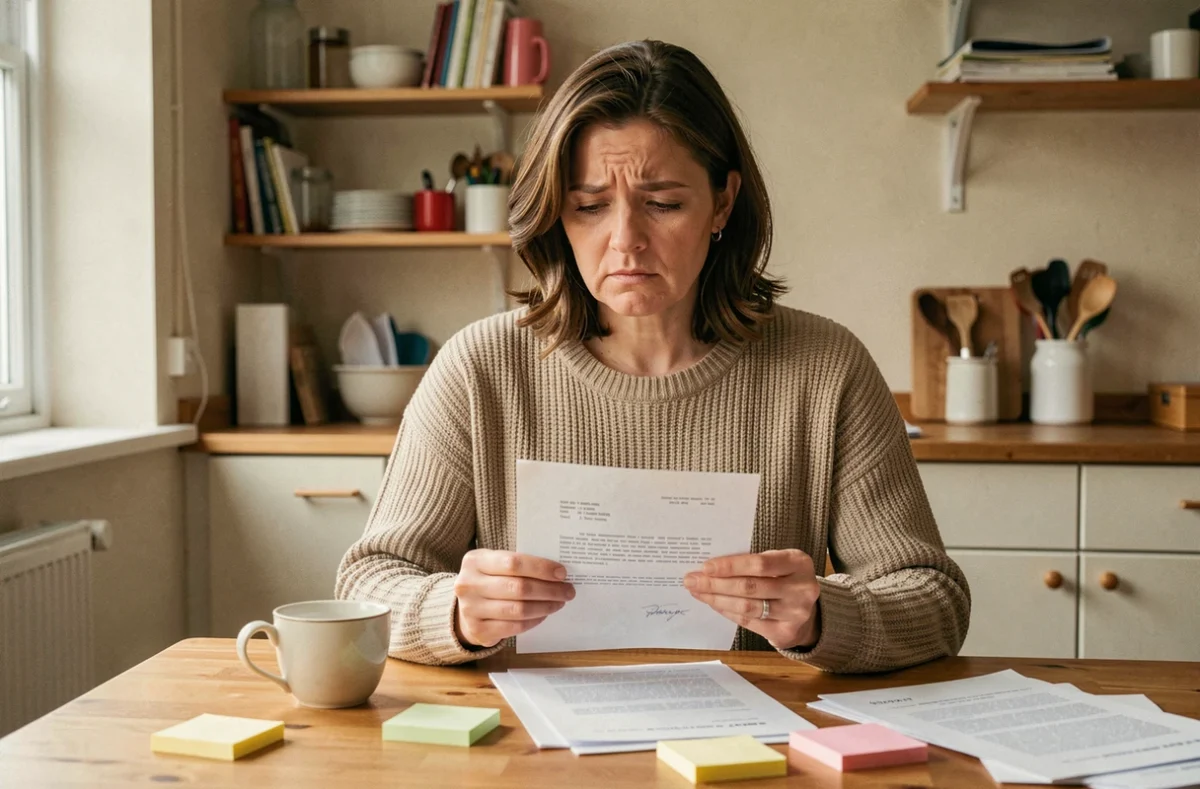 Femme stressée lisant une lettre de commission d'attribution de logement social à son domicile