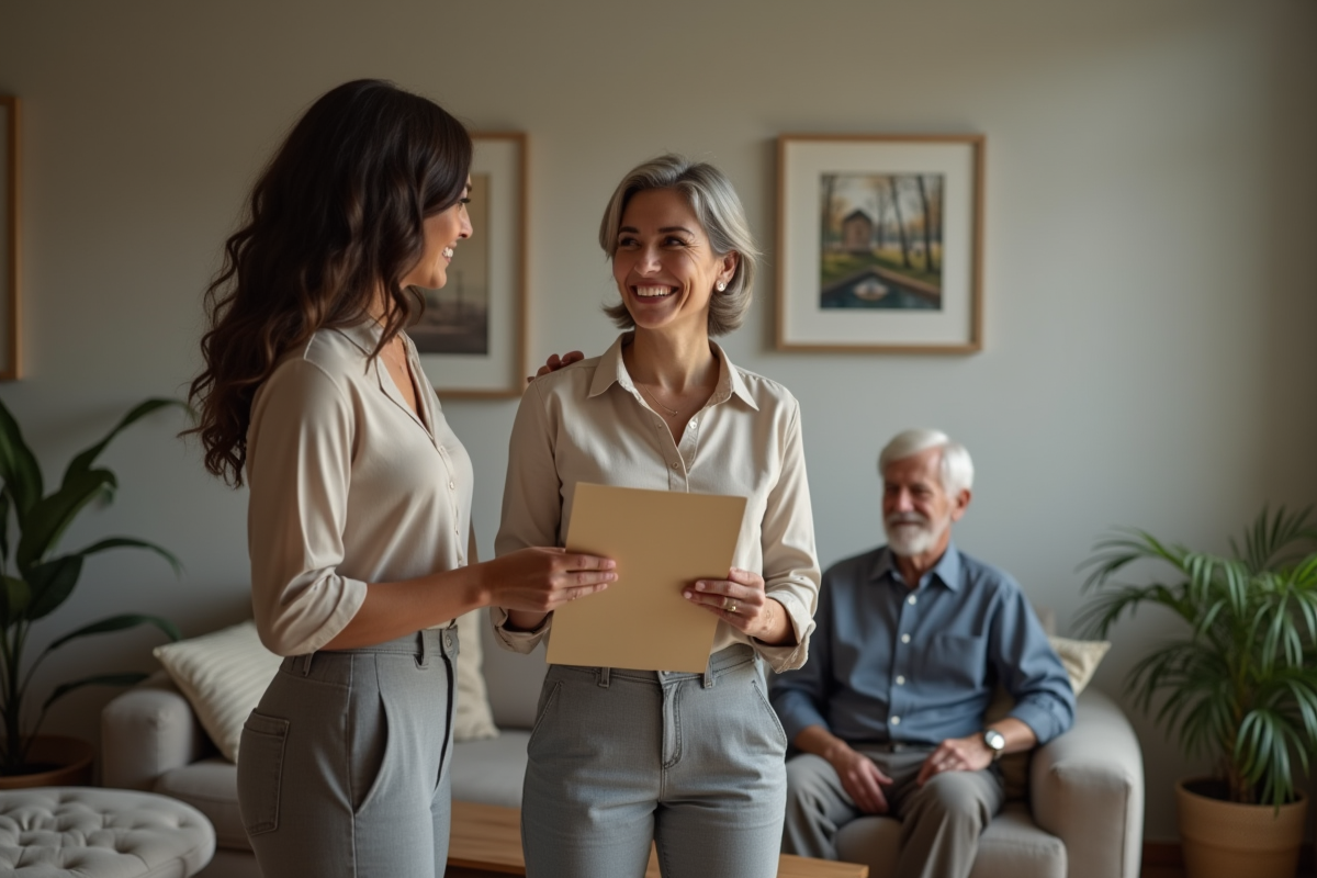 Jeune femme souriante avec un couple dans un salon chaleureux