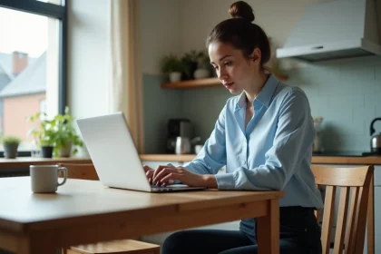 Femme concentrée sur son ordinateur dans une cuisine moderne
