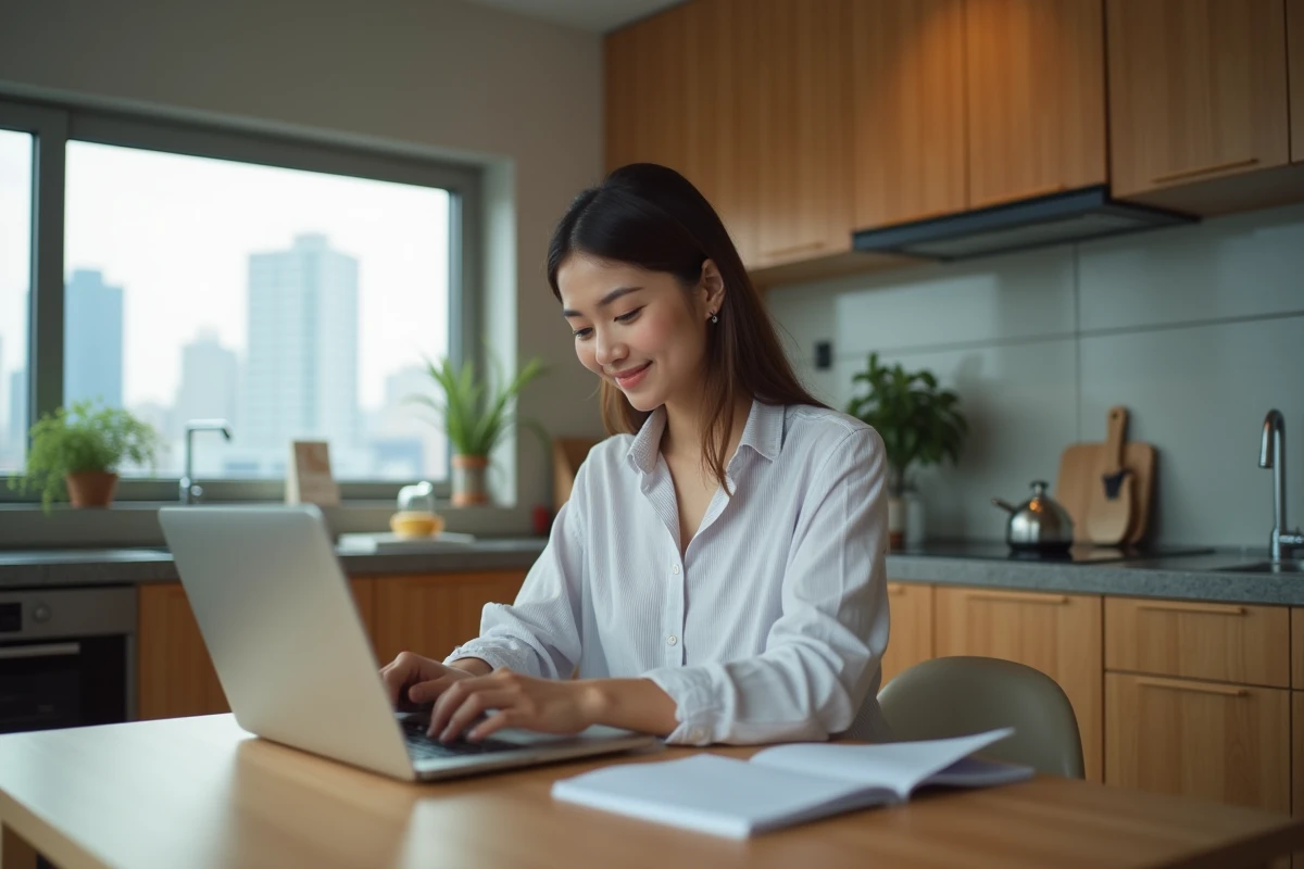 Jeune femme au bureau cuisine moderne en ville