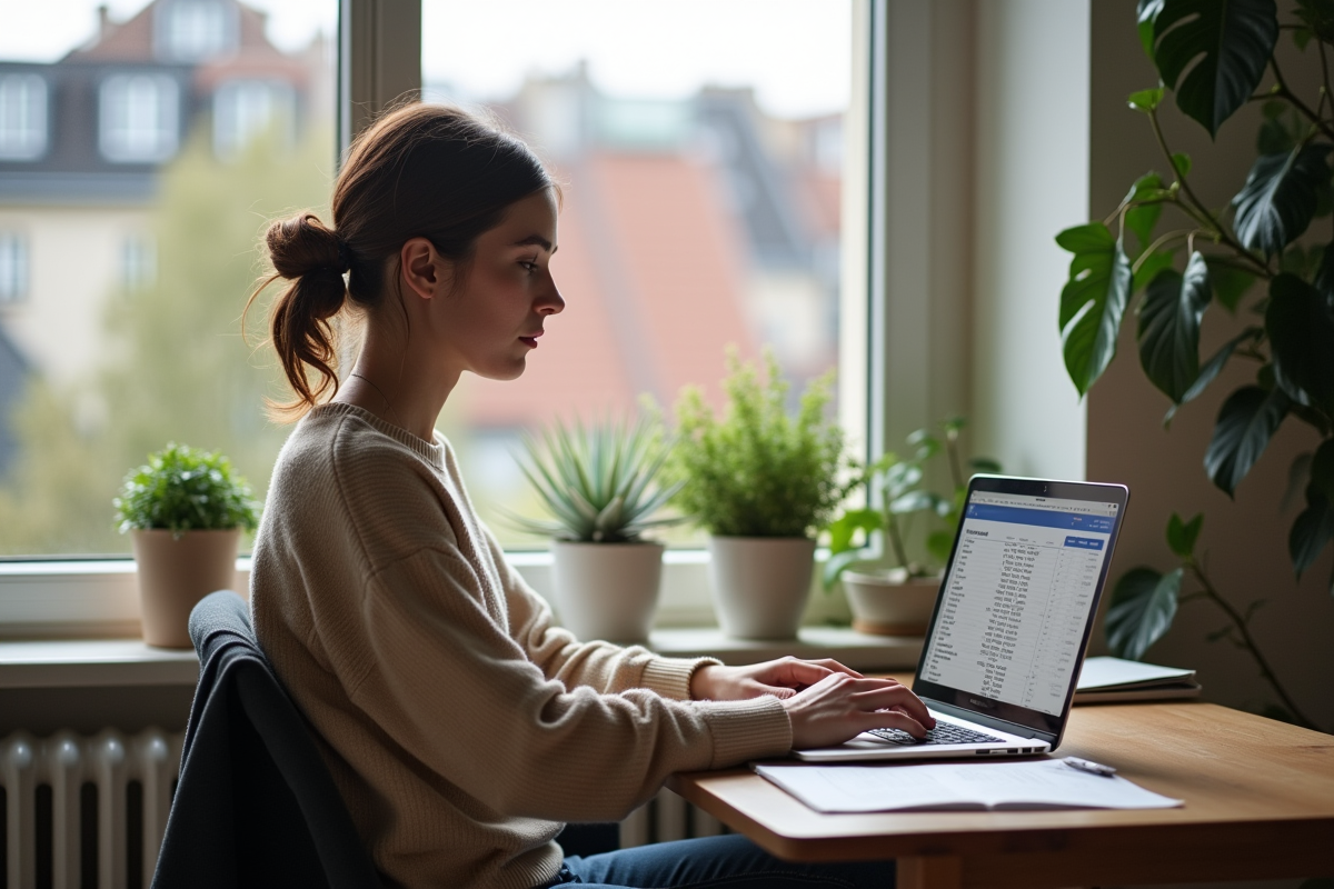 Jeune femme travaillant sur un ordinateur dans un bureau cosy