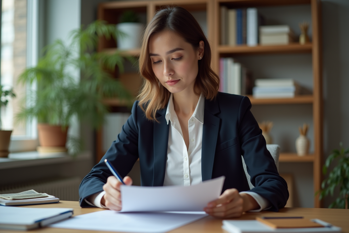 Femme en bureau organisé avec documents et plantes