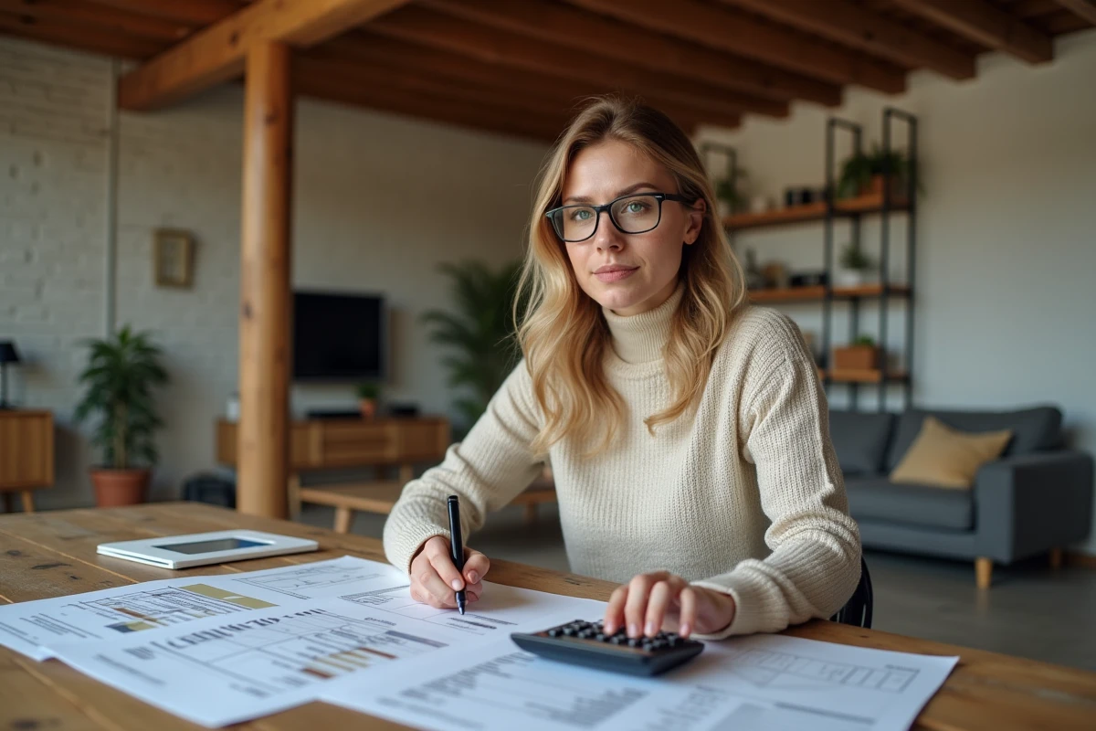 Jeune femme concentrée sur ses devis de construction intérieure