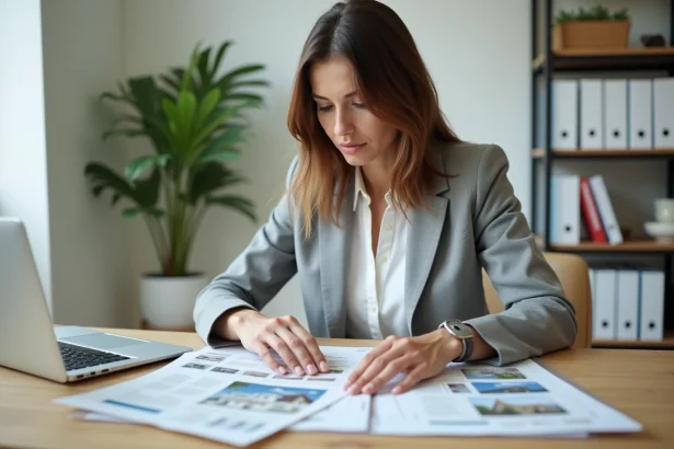 Femme comparant des annonces immobilières sur ordinateur portable et documents papier dans un bureau à domicile moderne