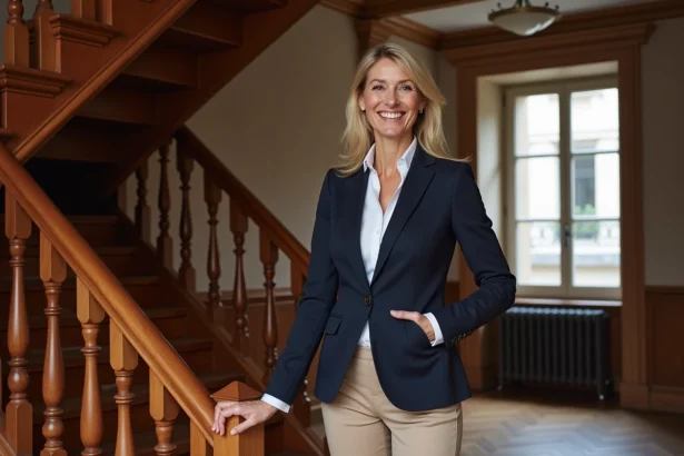 Femme confiante dans un appartement lyonnais avec escalier en bois